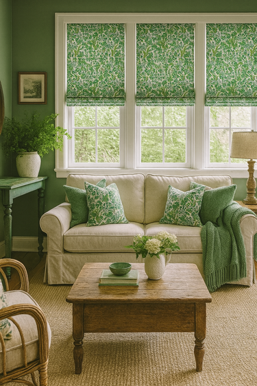 Living room with green floral window treatments, beige sofa, and wooden coffee table.